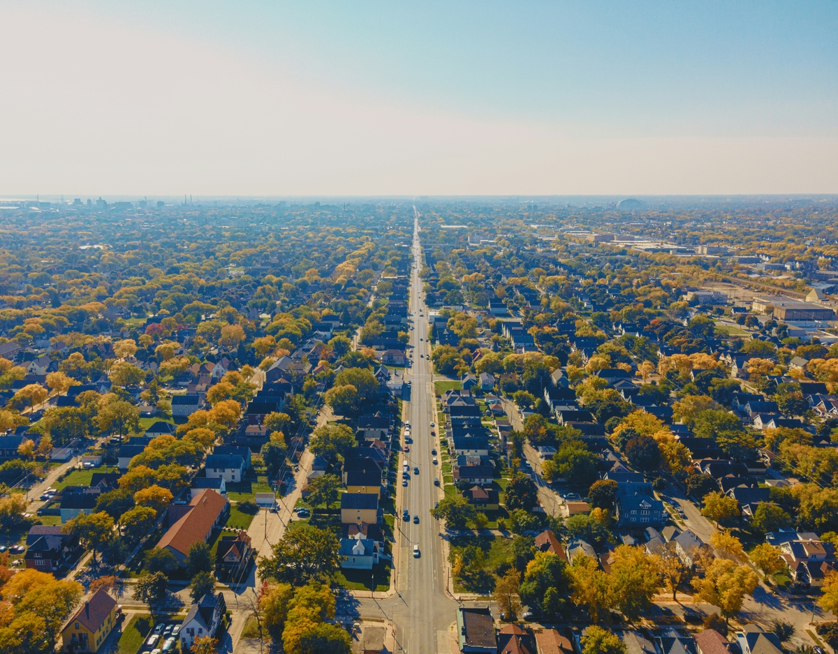 Aerial view of streets and houses in Milwaukee County